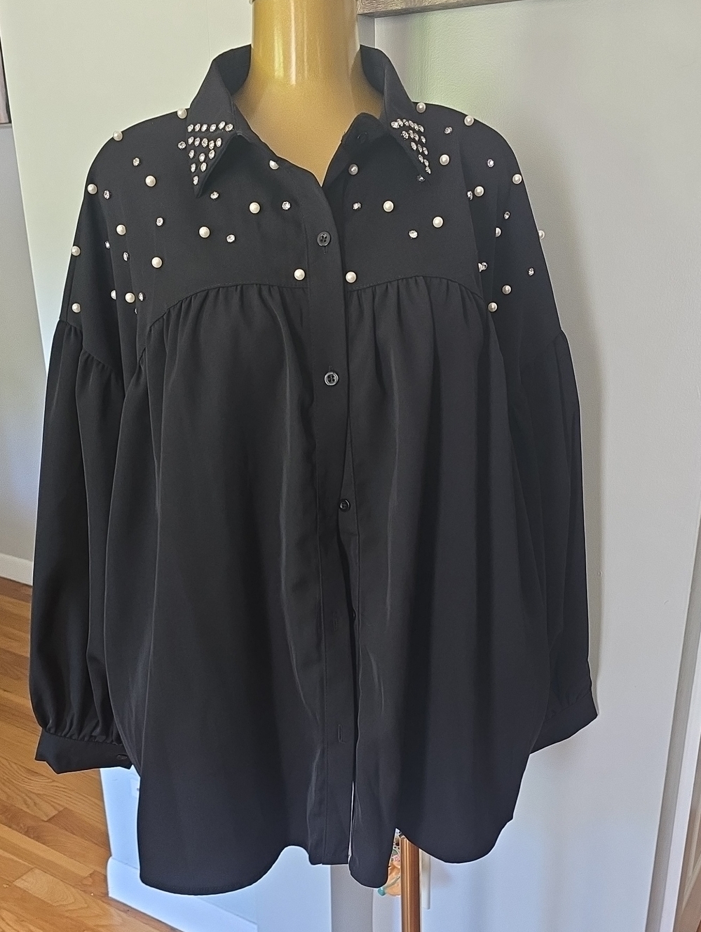 Black Pearl-Embellished Button-Front Women's Blouse